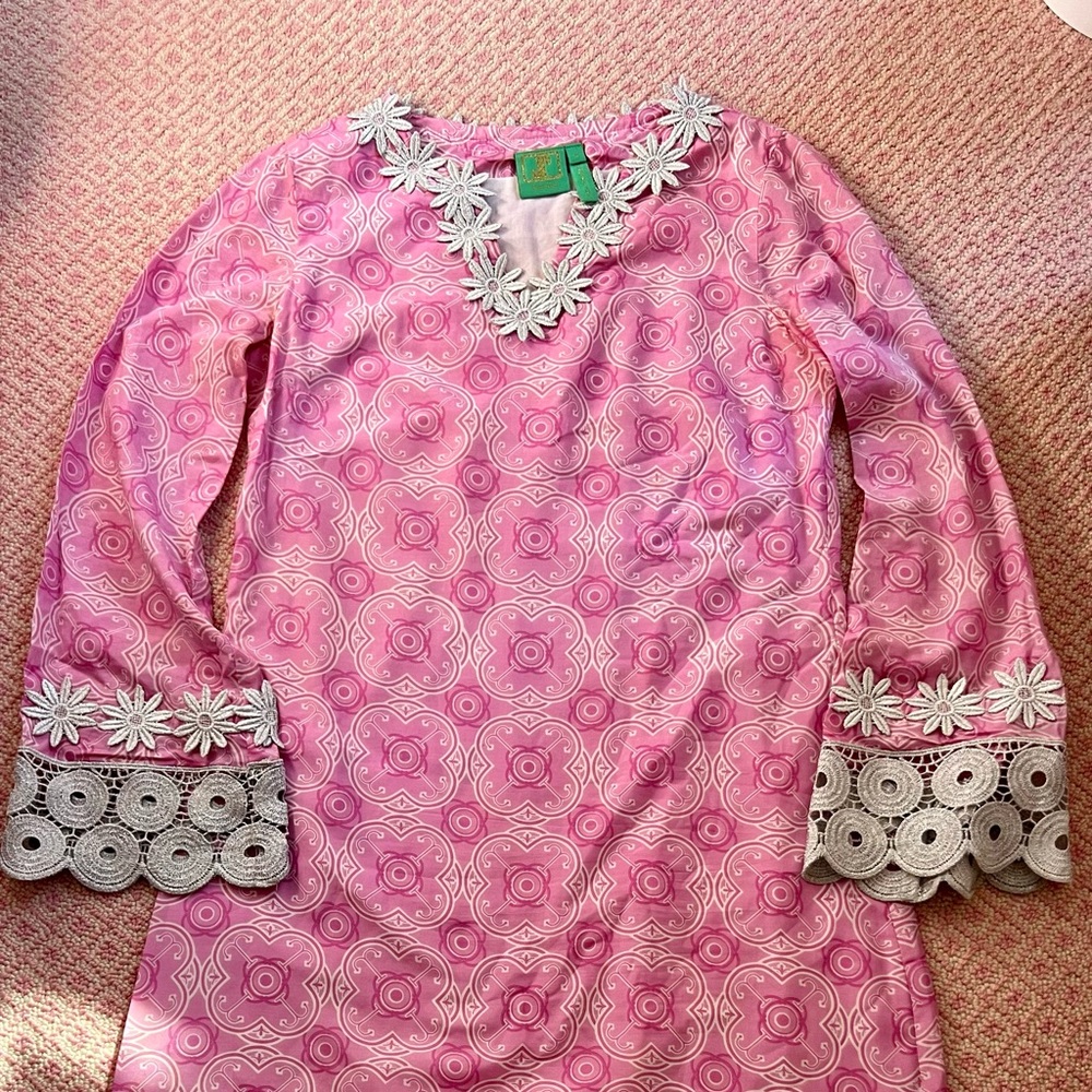 Jules Reid kaftan. Pink JR print. Beatrice Mini dress. Size 4